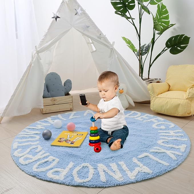 ABC Rug for Kids Room Circle Alphabet Nursery Rug for Baby Boy and Girl - Round Neutral Toddler Playroom Rug, Letter Learning Carpet 59 Inches