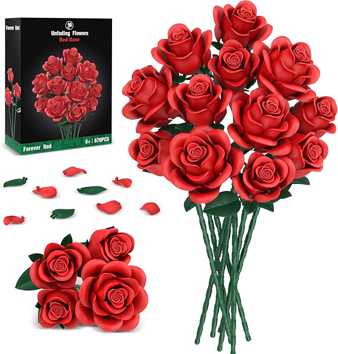 Red Roses Flower Bouquet Building Sets, 670Pcs Artificial Flowers Building Blocks Compatible with Lego Flowers for Adults Christmas Birthday Gifts for Women Mom Valentines Day Gifts