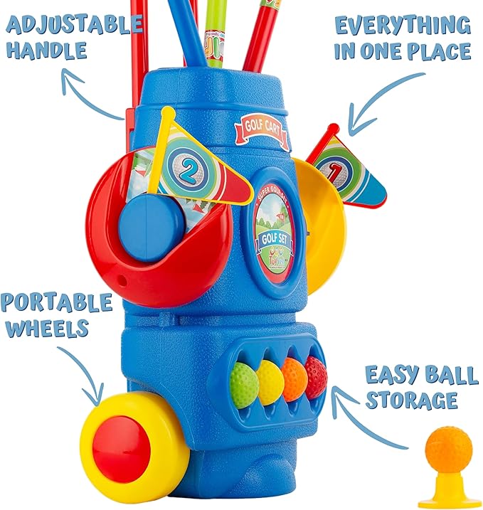 ToyVelt Toddler Golf Set - Kids Golf Clubs with 6 Balls, 4 Golf Sticks, 2 Practice Holes and a Putting Mat - Promotes Physical & Mental Development (Blue)