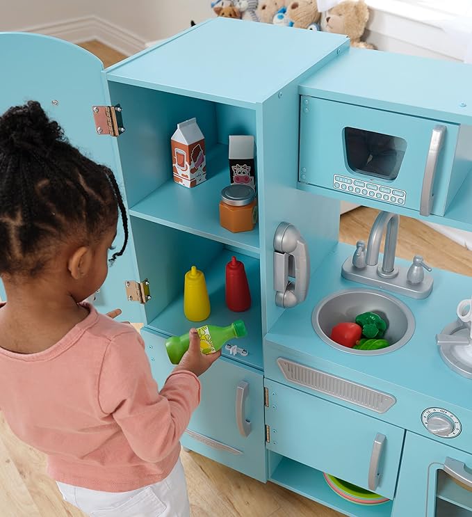 KidKraft Vintage Wooden Play Kitchen with Pretend Ice Maker and Play Phone, Blue