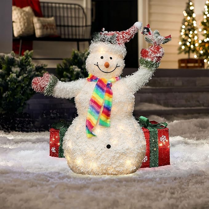 LuxenHome 3FT Lighted Snowman Outdoor Christmas Decorations, Battery Operated Frosted Snowman Christmas Decor with 40 LED Light, Xmas Decorations Outdoor, Indoor for Porch, Lawn Holiday Display