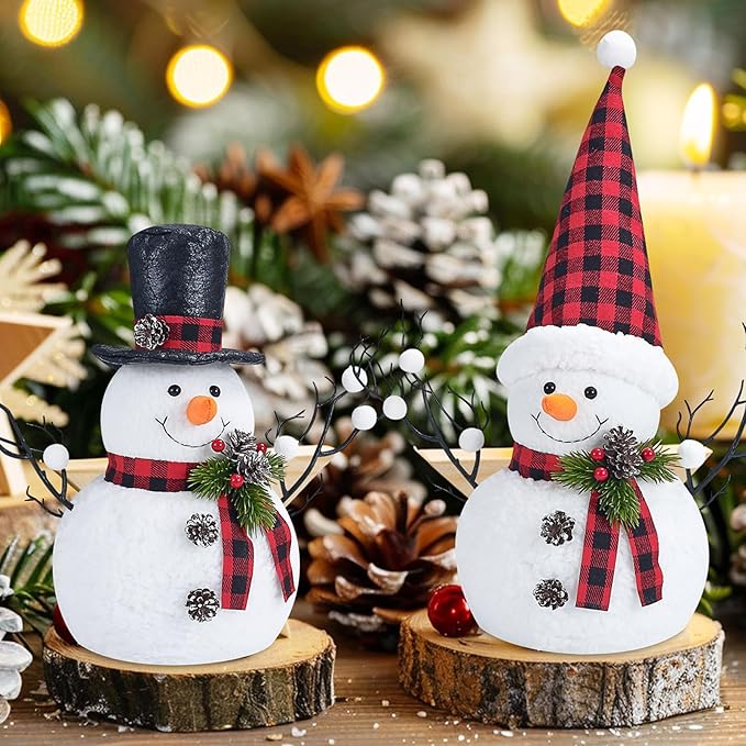 2 Pack Christmas Table Decorations, 14" Lighted Plush Snowmen Christmas Trees with Pine Cone Twigs, Light Up Snowman Holiday Present, Battery Operated Xmas Gifts Tabletop Ornaments (Black and Red)