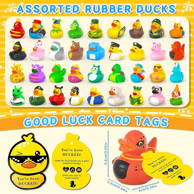 100Pcs Jeeper Ducks with Tags for Ducking,Rubber Ducks in Bulk,100 Pack Rubber Ducks+100Cards Tags+100 Straps for Kids Baby Bath Toys Party Favors Cruise Ducks for Ships