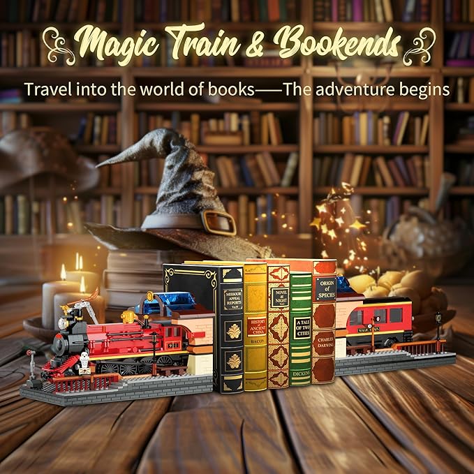 2in1 Harry Magic Train & Bookends Building Set, Home Decorative Building Block Toy, Ideal Collectible & Display Building Toys for Adults & Children, Cool Bookshelf Organizer & Home Decor 1068PCS