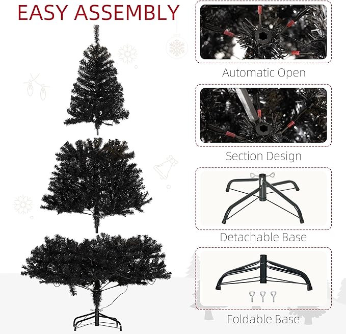 HOMCOM 6' Tall Prelit Christmas Tree Douglas Fir Artificial Christmas Tree with Realistic Branches, 250 Warm White LED Lights and 1000 Tips, Black