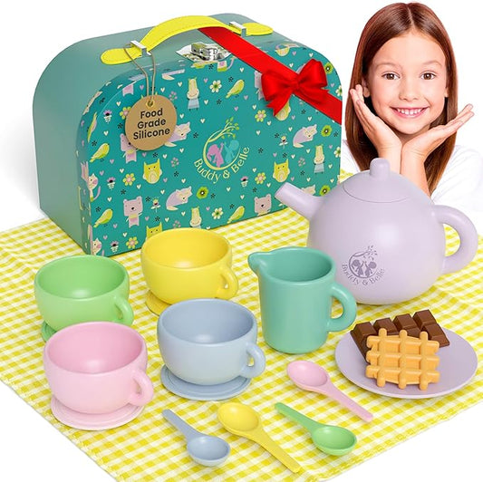 Silicone Tea Set for Toddlers 3-5 – 18 Pc Pretend Play Tea Party Set with Picnic Cloth & Gift Case – BPA-Free, Food-Grade, Dishwasher Safe – Use with Real Liquids