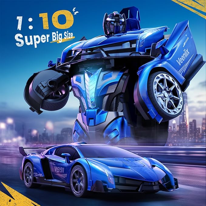 V991 Transform Remote Control Car, 1:10 Big Size, 2 Rechargeable Batteries for 70Min, 2.4GHz Gesture Sensing, One-Key Deformation, Robot Toys Gifts for Boys and Girls (Blue)