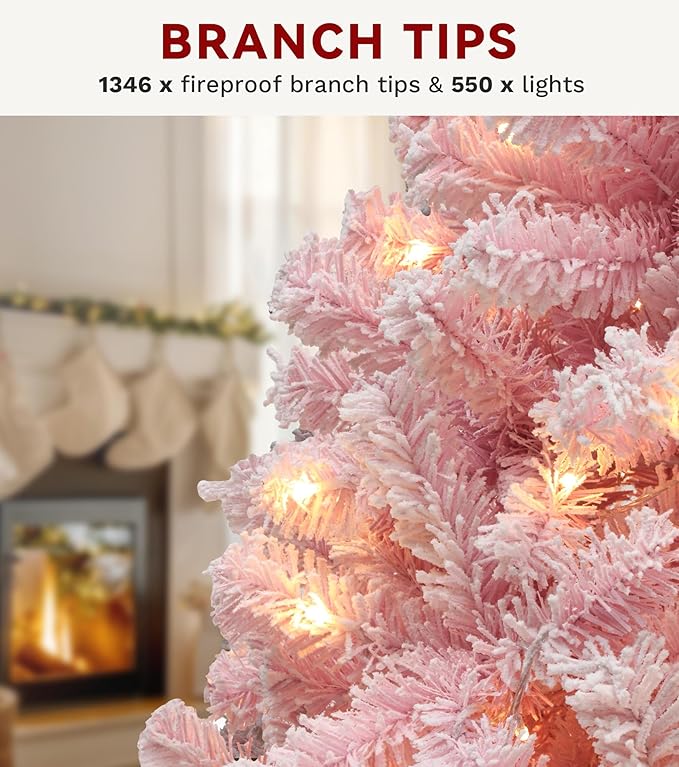 DWVO 7.5ft Pre-lit Pink Christmas Tree with Lights, Prelit Atificial Trees with 1346 Tips & 550 UL Listed Lights, Automatic Branches & Easy Assembly for Home Party