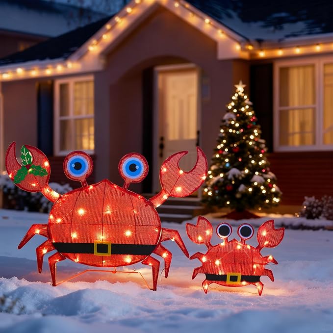 Dazzle Bright Christmas Outdoor Decorations Yard, 2 Piece Battery Operated Lighted Crab 50 LED Lights with 8 Lighting Modes, Light Up 2D Crab for Xmas Holiday Front Garden Patio Lawn Decor