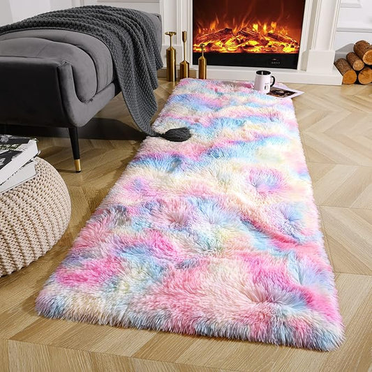 Ompaa Soft Fluffy Rainbow Runner Rug for Girls Bedroom Carpets, Kawaii Tie Dye Kids Rugs for Teens Unicorn Dorm Aesthetic, Pastel Shaggy Nursery Area Rug for Baby Princess Room, 2x6 Feet