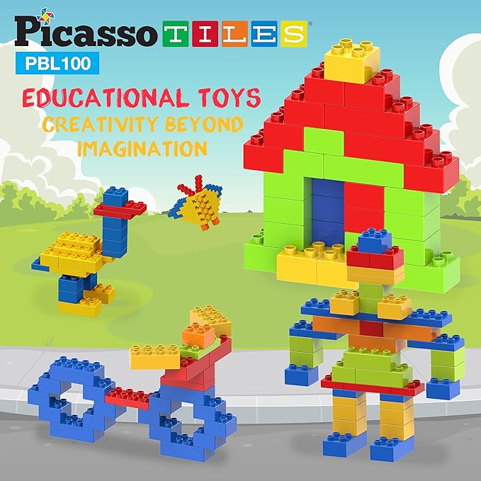 PicassoTiles 100 Piece Large Construction Brick Building Blocks STEM Bricks Toy Set Creative Learning Early Education Playset 5 Colors 4 Unique Shapes Mix & Match Toys for Kids Boys Girls Child Age 3+