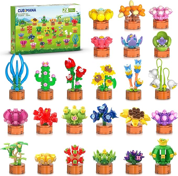 24 Pack Flowers Succulent Party Favors for Kids Building Set - 1012PCS Botanical Bonsai 3.6MM Mini Building Blocks Toy for Classroom Prizes Easter Basket Stuffer Birthday Gift for Girl Boy 6+