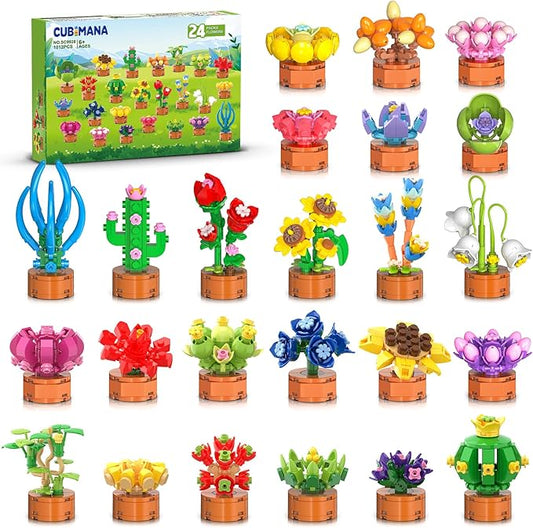 24 Pack Flowers Succulent Party Favors for Kids Building Set - 1012PCS Botanical Bonsai 3.6MM Mini Building Blocks Toy for Classroom Prizes Easter Basket Stuffer Birthday Gift for Girl Boy 6+