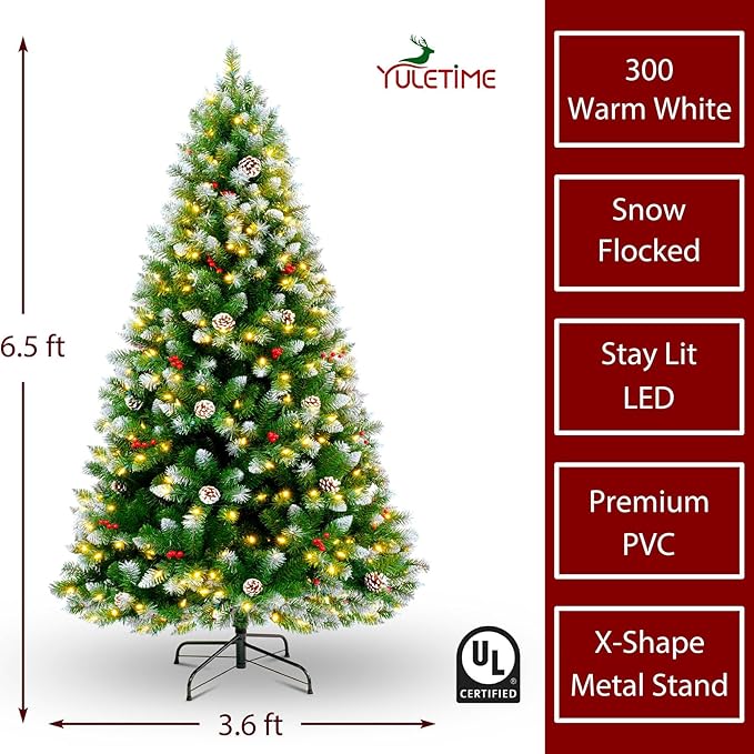 YULETIME 6.5ft Pre-Lit Christmas Tree, Snowy Artificial Holiday Decorative Tree with UL Listed 300 Warm White LED Christmas Lights, Pinecones, Red Berries (6.5' Snowy Warm White)