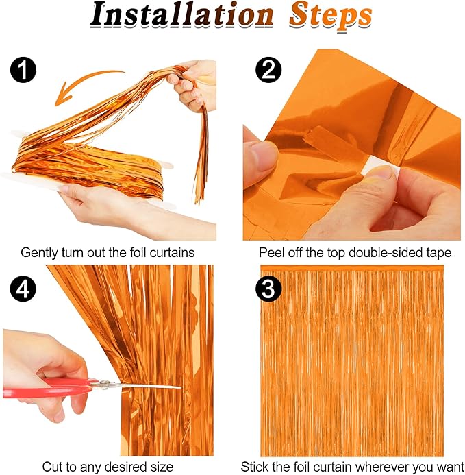 2 Pack Backdrop Curtains, 3.28 FT x 7.05 FT Orange Color Tinsel Backdrop, Metallic Party Streamer Fringe Curtains, Foil Curtains Halloween Decor Birthday Party Supplies