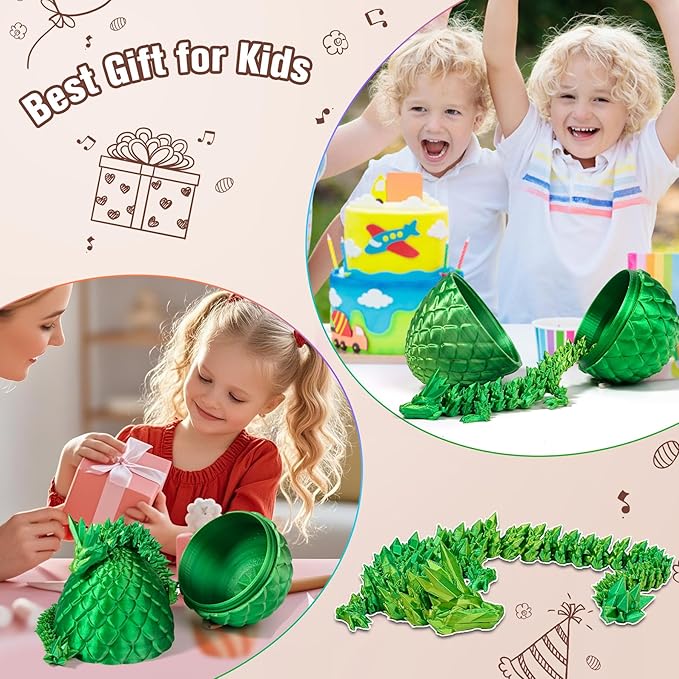 12''3D Printed Dragon and 4.73''Egg - 3D Printed Toys, Articulated Crystal Dragon Egg with Dragons Inside Fidget Toy, Decor Dragons Collectible Figurines (Laser Green,12inch)