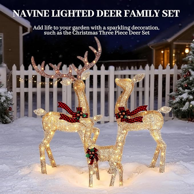 3-Piece Large Lighted Christmas Deer Family Set, 3D Reindeer Christmas Indoor and Outdoor Decoration with 225 Warm White LED Lights, Ground Pegs, Cable Ties. Suitable for Patio Garden Party-Champagne
