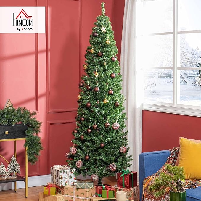 HOMCOM 7ft Pencil Christmas Tree, Unlit Artificial Christmas Tree Slim Douglas Fir Xmas Tree with Realistic Branches, Halloween Tree with 818 Tips, Green