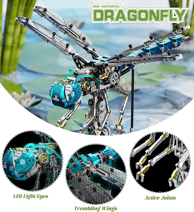 Mechanical Dragonfly Building Blocks for Adults, Insect Animal World Model with LED Light & Display Stand, Educational STEM Toys for Teens 14+ and Adult Home or Office Décor (866PCS)