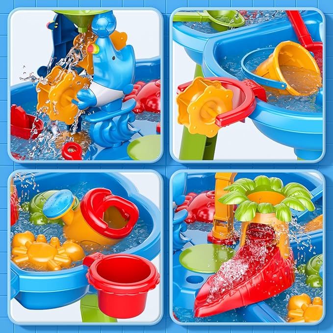 3-Tier Water Table for Kids Ages 3-5 4-8, Toddlers Outdoor Summer Water Table Beach Toys, Kids Activity Sensory Table Toddler Sand Box Play Table with Rain Showers Splash Pond for Boys Girls