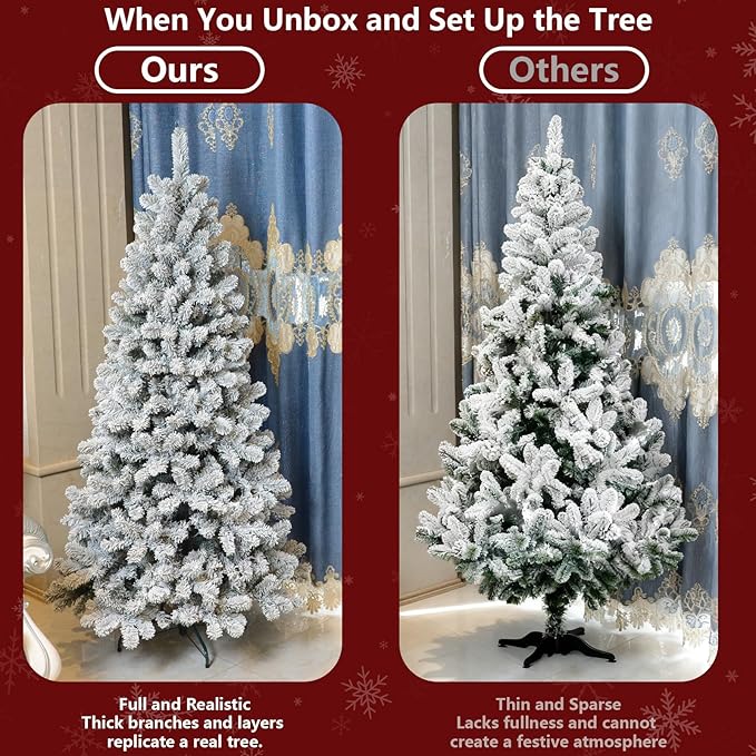 5ft Per-Lit Snow Flocked Christmas Tree, Artificial Christmas Tree with 200 Warm White Lights, 551 Branch Tips, Premium Green Full Xmas Tree for Easy Holiday Setup, Foldable Metal Base