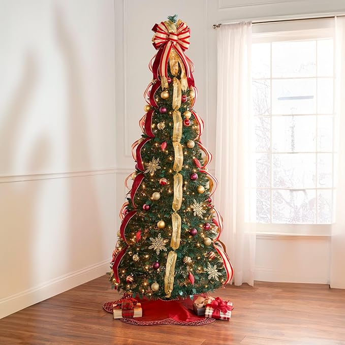 BrylaneHome 7.5 Ft Fully Decorated Pre-Lit Pop-Up Christmas Tree with 450 Warm Lights & Included Stand, Collapsible, Easy Assembly - Burgundy Gold