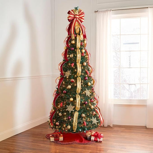 BrylaneHome 7.5 Ft Fully Decorated Pre-Lit Pop-Up Christmas Tree with 450 Warm Lights & Included Stand, Collapsible, Easy Assembly - Burgundy Gold