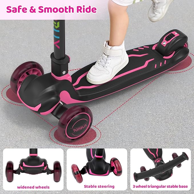TONBUX Kids Scooter, Light Up 3 Wheel Kick Scooters for Kids 3-12, Folding Scooters with Adjustable Height - Toddler Scooter Lean-to-Steer & Widen Anti-Slip Deck