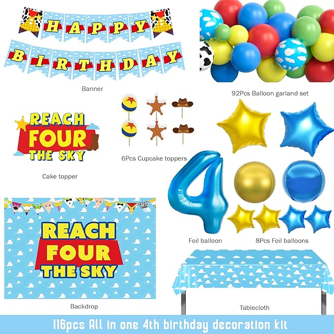 111 PCs Cartoon Toy 4th Party Decorations, Toy Themed Inspired Story Fourth Reach Four The Sky Birthday Decorations Backdrop Balloon Garland Arch Banner Tablecloth Cake Topper Blue