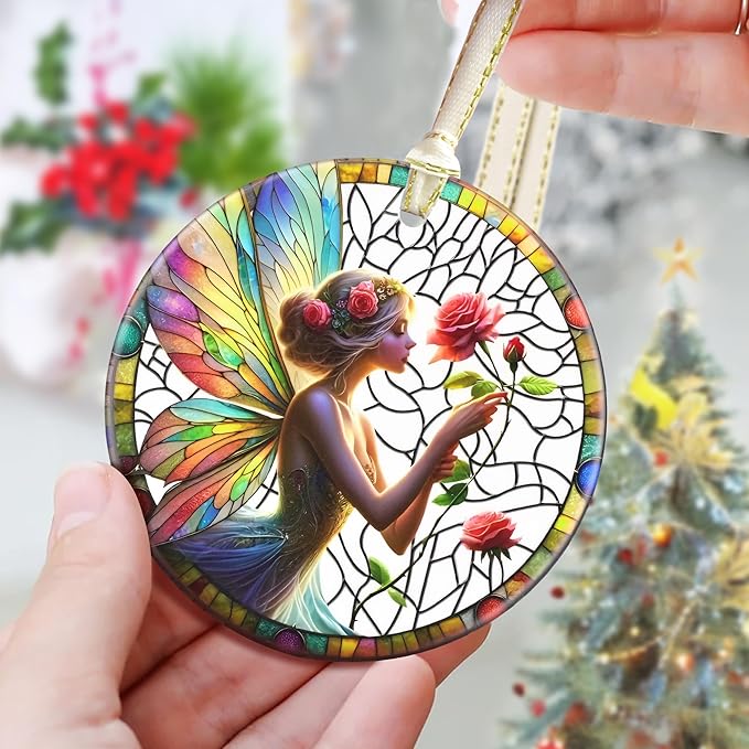 3.5 Inch Ceramic Christmas Tree Ornament, Enchanting Fairy & Rose Christmas Ornaments, Heirloom Keepsake, Gift Exchange, Gift Idea, Bauble Present