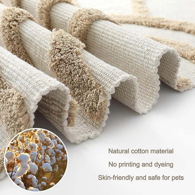 OJIA Boho Area Rug 5'x8', Washable Tufted Living Room Rugs Soft Bedroom Rug Nursery Rug, Farmhouse Cotton Woven Tan Floor Carpet Rugs for Dorm/Kids Room/Nursery/Classroom/Office