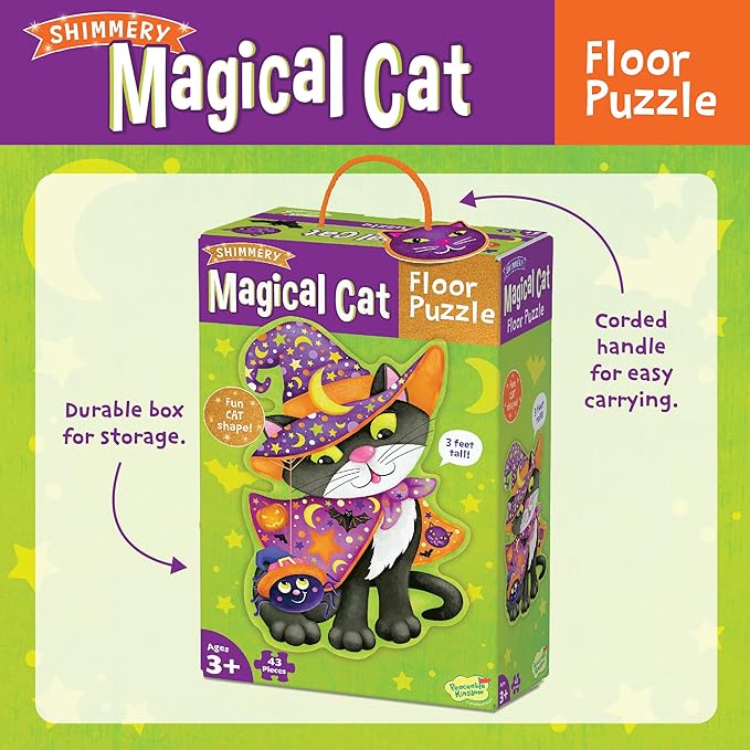 Peaceable Kingdom Shimmery Magical Cat Floor Puzzle, Giant Halloween Puzzle for Kids Ages 3 & up, Fun-Shaped Puzzle Pieces, Great for Classrooms