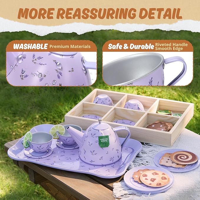 Kids Tea Party Set for Little Girl, Tea Sets for Toddler Pretend Play Food Kitchen Toy Accessories Gift for 3 4 5 6 Years Old Girls Boys (Purple)