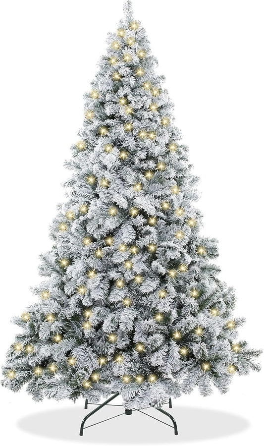 Casafield 6FT Pre-Lit Realistic Snow-Flocked Pine Artificial Holiday Christmas Tree with Sturdy Metal Stand