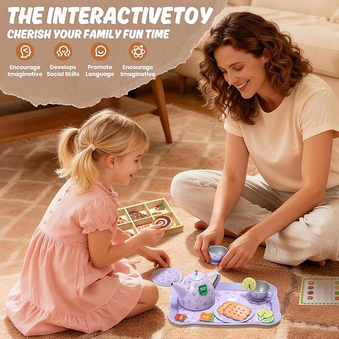 Kids Tea Party Set for Little Girl, Tea Sets for Toddler Pretend Play Food Kitchen Toy Accessories Gift for 3 4 5 6 Years Old Girls Boys (Purple)