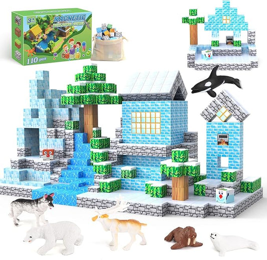 Magnetic Blocks 110PCS with 6 Animal Toys, Snow World Building Blocks Set, Boys & Girls Age 4-6,5-7,6-8, Stacking Building for Toddlers & Kids 3+
