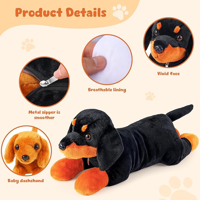 5 Pcs Dachshund Dog Plush Mommy Stuffed Animal with Baby Plush Sausage Dog Soft for Girls Birthday Xmas Bedtime Gift Bed Rest Chair Bolster Nursery Decoration(Lying Dachshund)