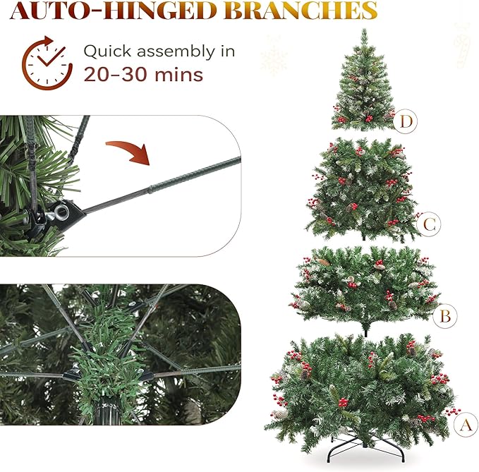 YITAHOME 9FT Prelit Christmas Tree with Remote, Artificial Hinged Pre-Decorated Christmas Tree with 111 Pine Cones & 111 Red Berries, Xmas Tree with 2058 Frosted Tips, 900 Lights