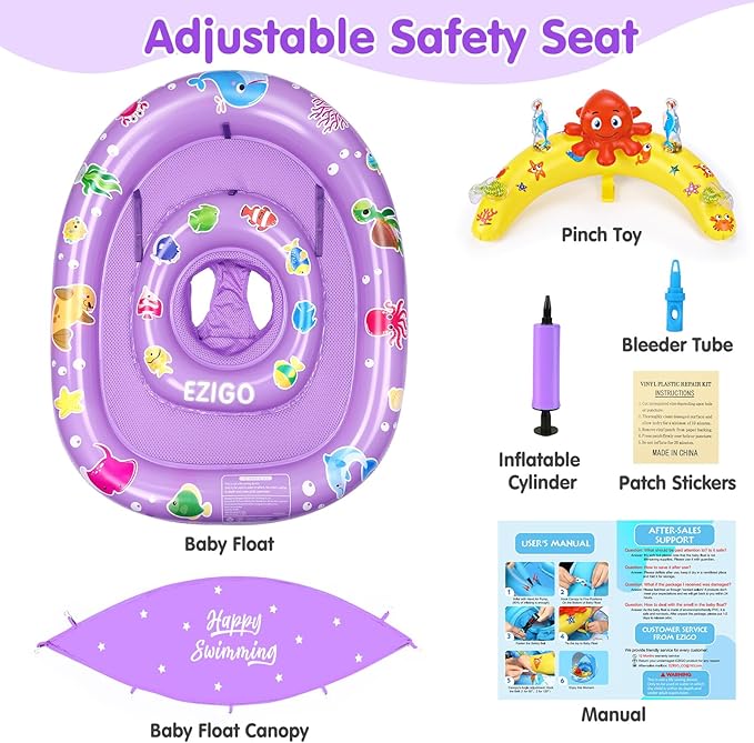 EZIGO Baby Pool Float with Canopy UPF 50+ Sun Protection, Double Air Chambers Infants Swimming Floats with Sound Toys Adjustable Safety Seat Toddler Float for Boys and Girls 6-36 Months