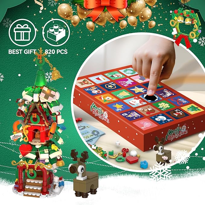Advent Calendar 2025 Christmas Tree House Building Set with Wreath and Reindeer,ChristmasTree Building Blocks Kit with LED Light,24 Days Christmas Countdown Toys Building Set for Teen Boys Girls Gifts