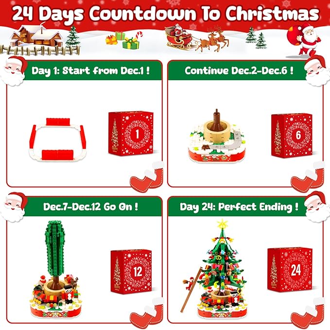 Advent Calendar 2025 Christmas Tree Building Blocks Set with Warm Light, Christmas Countdown Calendar, 24 Days Building Toys for Kids Creative Christmas Gifts for Kids Teens Adults