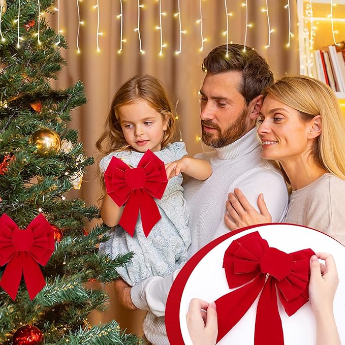 MEWTOGO 6 Pcs Small Red Bows Christmas Tree Decor - 10.2"×7.9" Velvet Red Bows with Golden Tie, Easy Hanging for Window/Stairs/Porch/Gifts Warp/Party Supplies