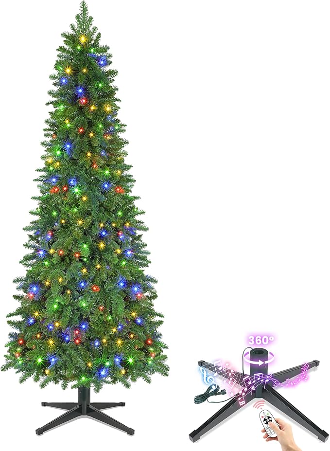 6.5ft Pre-lit Pencil Christmas Tree with Lights, 360° Rotating Stand Built-in Music, Remote Control, Slim Christmas Tree for Holiday Decor