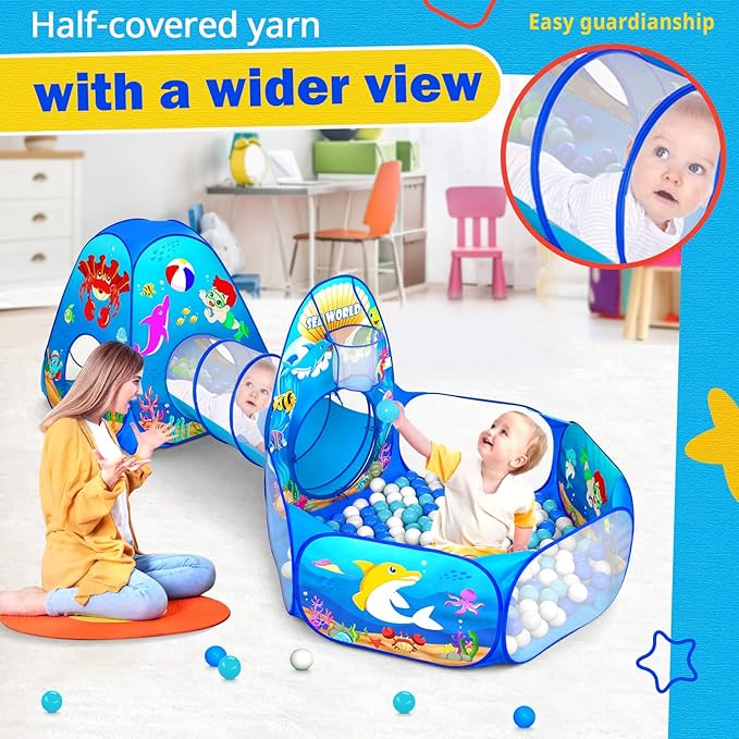3PC Kids Ball Pits for Toddlers with Kids Play Tent, Kids Tunnel for Baby, Children Pop Up Indoor/Outdoor Playhouse Toy for Boys and Girls, Best Birthday Gifts for 3 4 5 Years Old