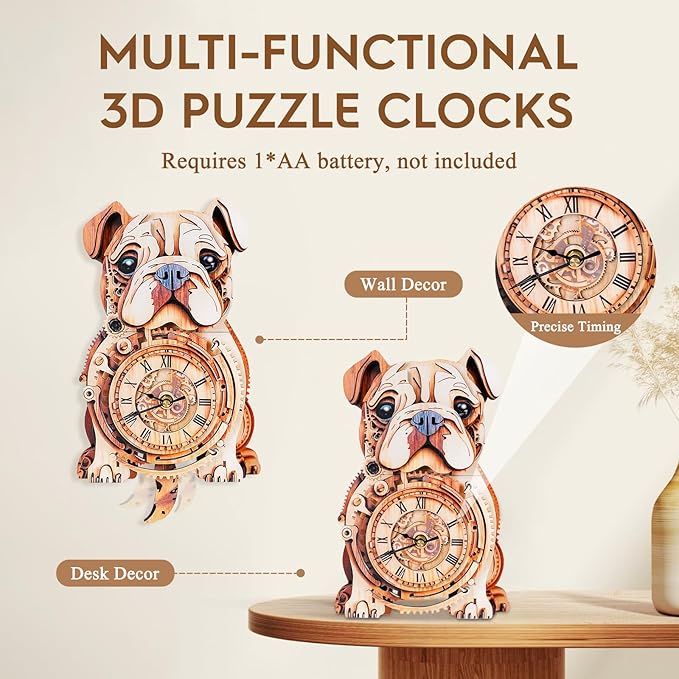 3D Puzzle for Adults Bulldog Clock - Mechanical DIY Wall Clock Kit Model Building Set Hobbies for Women Men Puzzle Home Decor & Stress Relief Craft Unique Gift for DIY Lovers