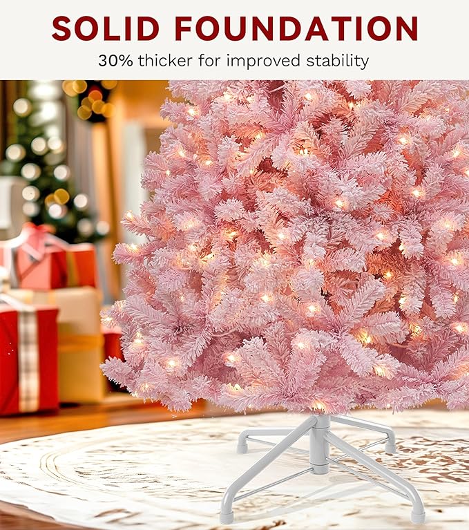 DWVO 7.5ft Pre-lit Pink Christmas Tree with Lights, Prelit Atificial Trees with 1346 Tips & 550 UL Listed Lights, Automatic Branches & Easy Assembly for Home Party