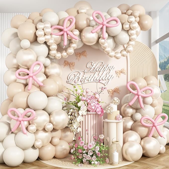 Pearl White Balloon Garland Arch Kit 132 Pcs Bow Coquette Sand White Ivory Party Balloons with Pastel Pink Long Latex Balloon for Girls Princess Wedding Baby Shower Bridal Birthday Party Decor