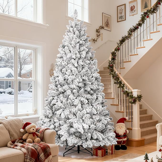 Flocked Christmas Tree 8ft, Premium Christmas Tree - White Flocked Trees - Artificial Xmas Trees
