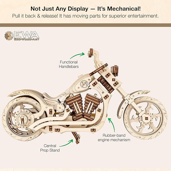 3D Puzzles for Adults - DIY Cruiser Motorcycle Model Kit with Rubber Band Engine, Functional Handlebars & Center Prop Stand - 3D Wooden Puzzle for 15 yrs Above & Adults - Eco Wood Art, 152 Pieces