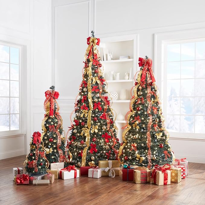 BrylaneHome 4.5 Ft Fully Decorated Pre-Lit Pop-Up Christmas Tree with 100 Warm Lights & Included Stand, Collapsible, Easy Assembly - Plaid